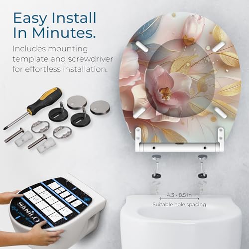 Image of Sanilo Wooden Toilet Seat with Quick Release & Soft Close [ROUND] - Decorative & Slow Close Molded Wood Seat - With One Click for Easy Installation & Cleaning - With Adjustable Fit (Florentia)