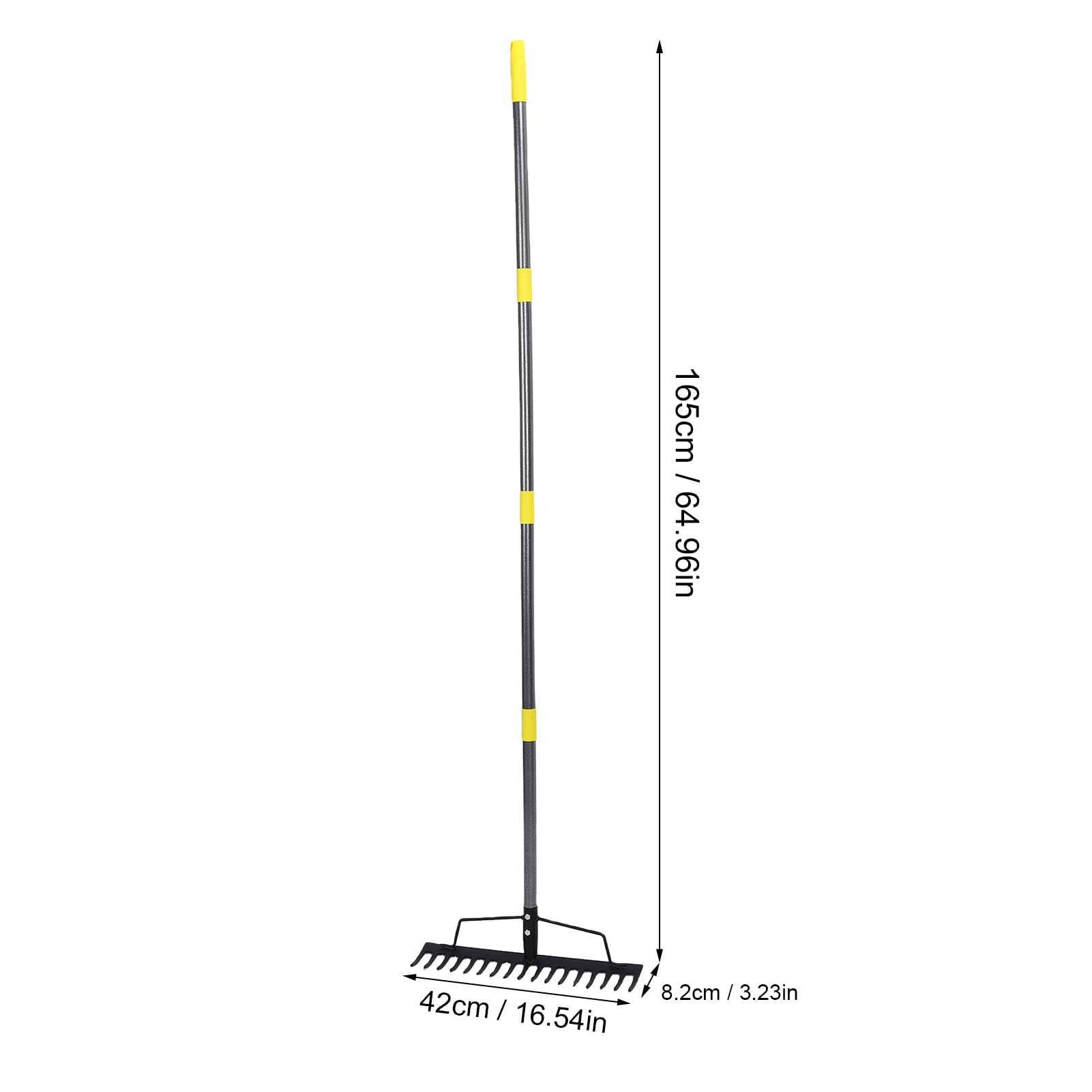 Rastrello da Giardino, attrezzo in Metallo a 16 Denti per livellare Il Prato e Rimuovere Il Feltro, Manico Regolabile da 165 cm per Giardino e Campeggio