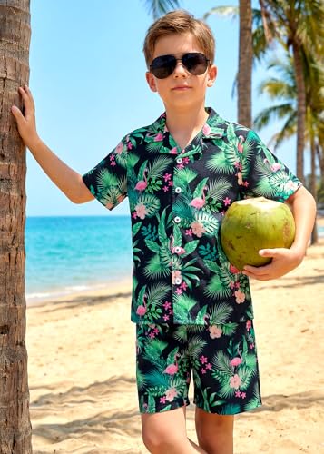 Image of DAXIANG Boys 2 Piece Hawaiian Outfit Summer Button Down Shirt and Pocket Short Sets Beach Vacation Clothes for Kid Size 3-10