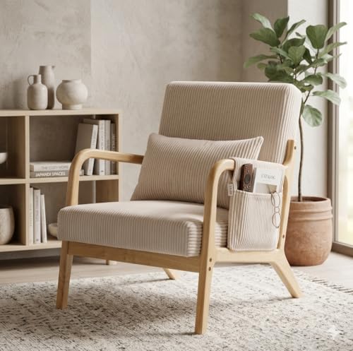 Mid Century Modern Accent Chair with Pocket, Solid Wood Armchair, Beige