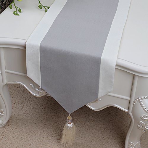 Camino de mesa con aspecto de lino, estilo rústico, con borlas, decoración de mesa rústica, para picnic, fiesta, cocina, boda, 32 x 230 cm, blanco y gris Cover