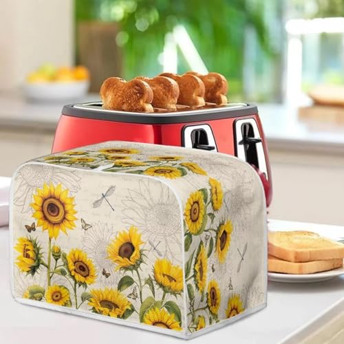Image of Talayituse Sunflower Dragonfly Butterfly 4 Slice Toaster Dust Covers Kitchen Small Appliance Cover, Thanksgiving Stain Resistant Dust Protection Bread Machine Cover with Top Handle