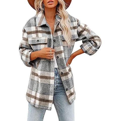 Women's Autumn Winter Casual Oversize Long Sleeve Plaid Tops Fleece Button Checked Shirt Jackets Khaki L Cover