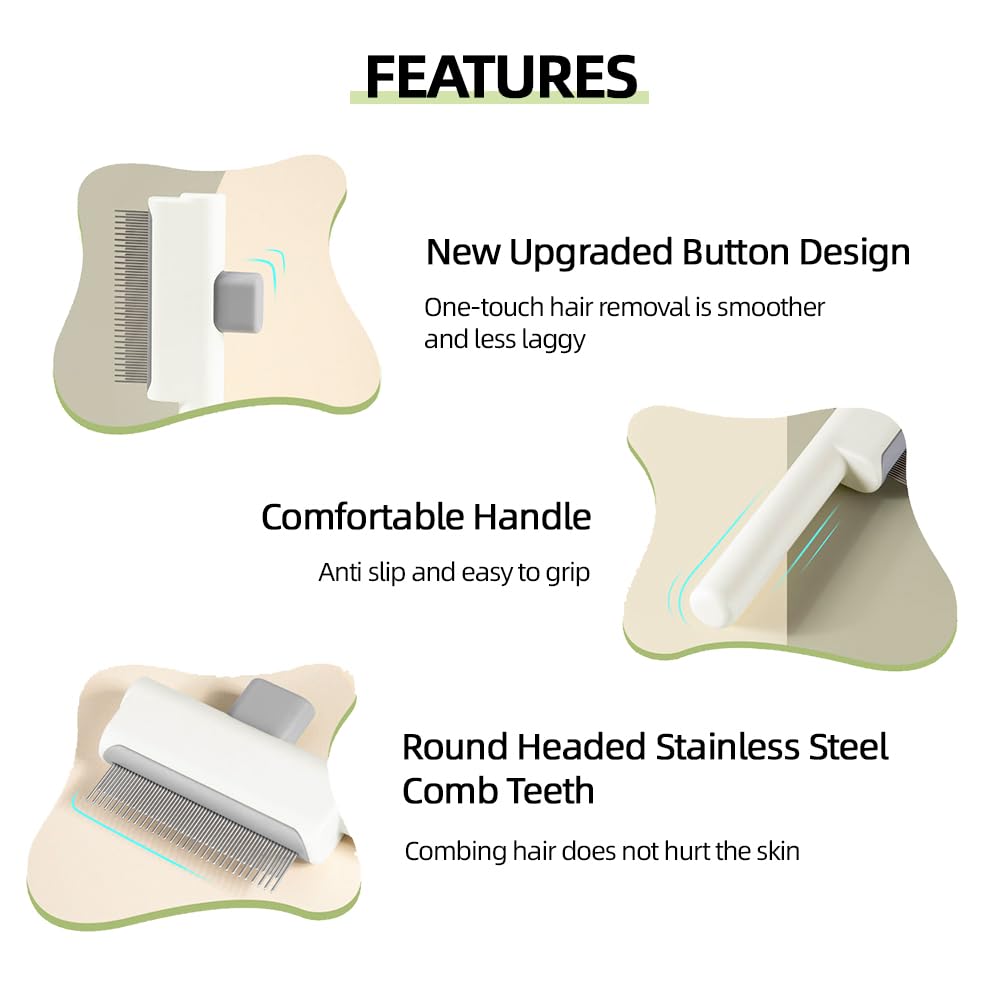 Marchul 2 Pezzi Pettine per Gatti e Cani, Antipulci Autopulente per Pettine Gatto con Pulsante per La Pulizia Rapida e Denti Tondi In Acciaio Inossidabile, per Massaggi e Rimuove Peli & Nodi, Bianco