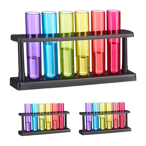 Relaxdays Set Bicchieri Shot, 18 Bicchierini a Forma di Provetta per Shottini, con 3 Supporti, 40 ml, Plastica, Colorati