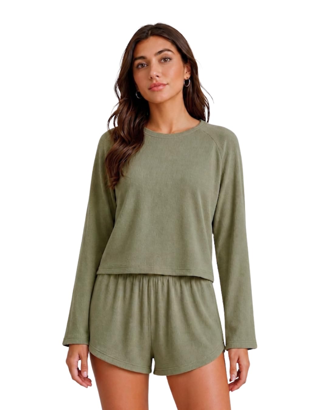 navraah Premium Mario Rib Lounge Set for Women | Soft Ribbed Full Sleeve Top with Shorts | Stylish Nightwear & Relaxed Homewear Co-Ord | Dusky Olive-picture-13
