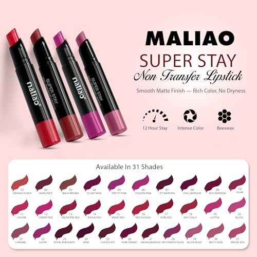 Image of Maliao Super Stay No Transfer Lipstick | Long Lasting Matte Finish | Waterproof & Smudge-Proof Formula | High Pigment Color | Lightweight & Comfortable Wear | Rouge Red, 3.8g
