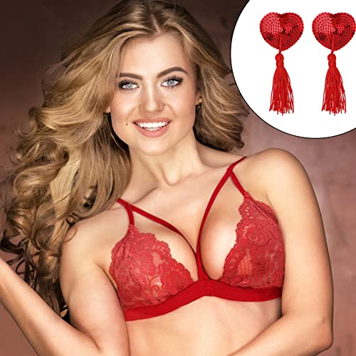 1 Pair Women Reusable Breast Pasties, Heart-Shaped Breast Bra with Sequins Tassel Adhesive Nipple Cover Stickers4
