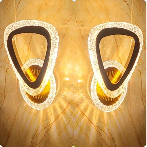 Image of Modern LED Wall Light with 3 Color Modes, Warm White, Blue, Light Pink, Acrylic Crystal Wall Lamp for Bedroom, Living Room, Hall, Golden Finish, Pack of 2,
