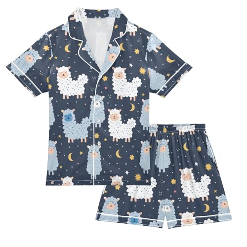 ALAZA Cute Alpaca Moon Star Satin Pajamas Set Short Sleeve Button Down Sleepwear Summer Pjs 2 Piece