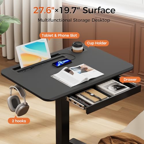Image of Mobile Standing Desk with Drawer, 28 inch Rolling Desk with Cup Holder and Hooks, Portable Laptop Workstation on Wheels, Height Adjustable Cart with Storage for Home Office, Black
