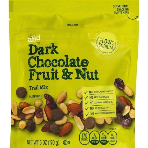 Fruit & Nut Gold Abound Emblem Trail Mix - Dark Chocolate, Almonds, Peanuts, Dried Cranberries, Cashews, Hazelnuts, Cherries (1, 6oz Bag) Snack Snacking Sweet Treat Food
