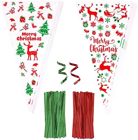 100PCS Christmas Cone Bags, AUERVO Clear Cone Sweet Bags Santa Claus Bells Elk Pattern Party Bags With Red Green Twist Ties for Xmas Party Supplies Decorations