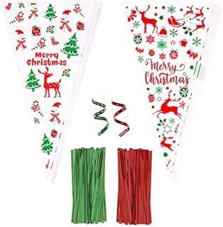 100PCS Christmas Cone Bags, AUERVO Clear Cone Sweet Bags Santa Claus Bells Elk Pattern Party Bags With Red Green Twist Ties for Xmas Party Supplies Decorations