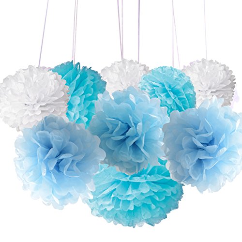Image of 18pcs Tissue Hanging Paper Pom-poms, Hmxpls Flower Ball Wedding Party Outdoor Decoration Premium Tissue Paper Pom Pom Flowers Craft Kit ( Blue & White), 8 inch / 10 inch / 12 inch
