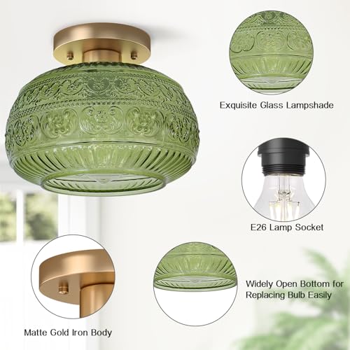 Semi Flush Mount Ceiling Light, Upgraded Modern Close to Ceiling Light Fixture with Green Glass,Gold Indoor Kitchen Lighting for Porch Corridor Hallway Bedroom, Bulb Not Included