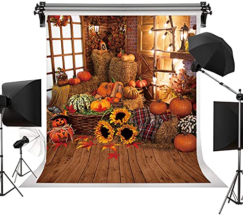 Autumn Photography Backdrop Fall Wooden Floor Barn Backdrop Autumn Pumpkins Maple Leaves Sunflower Background for Kids Adult Family Portrait Photo Background 5X7FT - Image 4