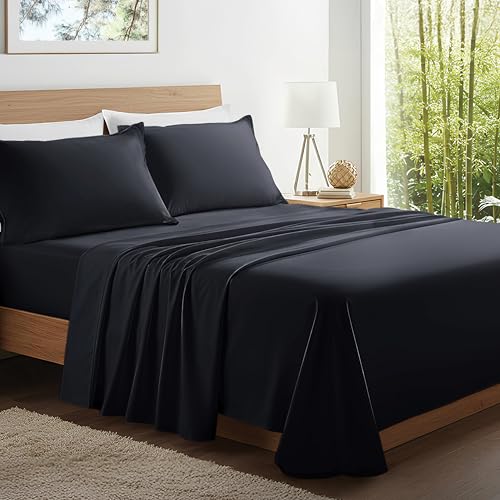 Kickoff Viscose Bamboo Sheets Twin XL Size 3-pc 100% Organic Bamboo Viscose Bed Cooling Sheets Twin XL Size Set Cool Bedding for hot Sleepers Sheet, Flat, Fitted, Pillowcase (Onyx Black, TXL)