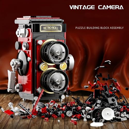 Image of SKY LINE OCEAN Vintage Camera Building Block Set, 719 PCS Retro Model Brick Kit with Simulated Shutter, Openable Covers, LED Light, Home Decor Gift Photography Lovers | 6 Months Structural Warranty