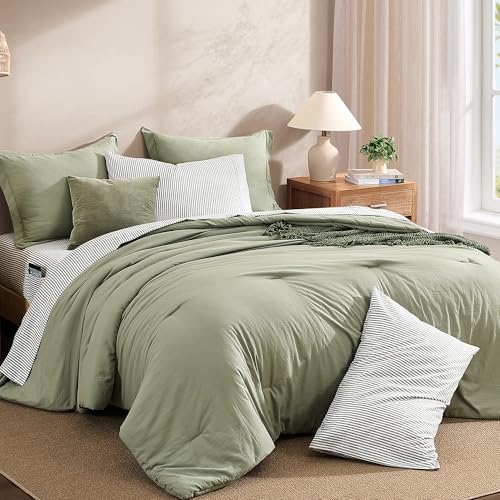 Monbix King Size Comforter Set - 7 Pieces Olive Green Prewashed Bed in a Bag King Bedding Sets with Comforters, All Seasons Ultra Soft Comforter Bed Set with Sheets,Pillowcases & Shams