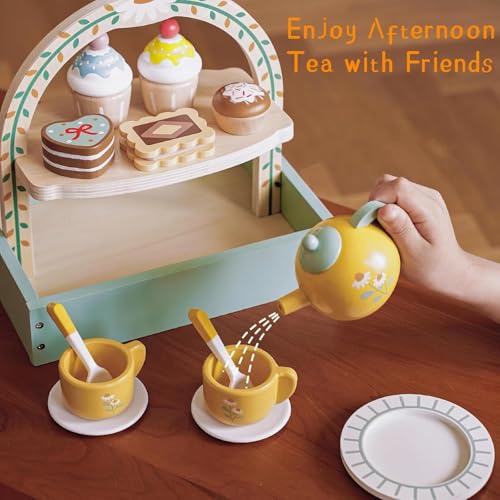 Image of Wooden Tea Party Dessert Set for Girls - Pretend Play Toy with Cake, Tea, and Kitchen Accessories for Toddlers and Kids