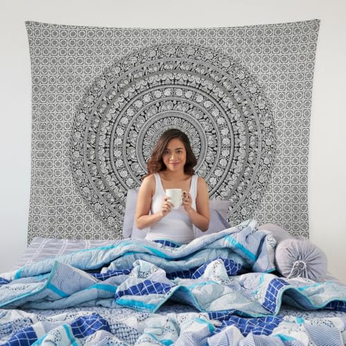 Image of Craft Trade 90x108 Inches Black and White Cotton Mandala Ombre Wall Hanging Tapestry