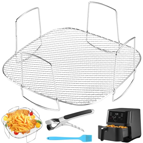 8 inch Square Air Fryer Rack with Food Tong & Oil Brush, Lancisism Stainless Steel Dehydrator Rack Square Air Fryer Accessories for Air Fryers-8.27×8.27×3.6inch