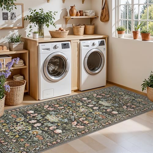 Washable 2x8 Hallway Runner Rug: Vintage Water-Resistant Kitchen Entryway Rug Ultra Soft Living Room Bedroom Carpet with Non Slip Backing Indoor Low Pile Floor Mat for Bathroom Dining Room(2x8,Green)