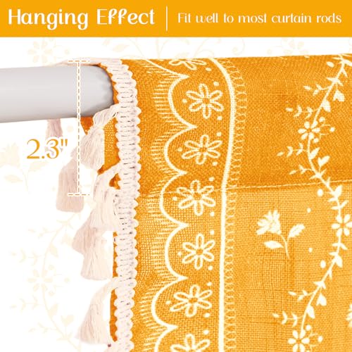 Image of Yinhua Boho Kitchen Curtains 36 Inch Length Vintage Linen Cafe Curtains Light Filtering Bohemian Floral Tier Rod Pocket Farmhouse Rustic Tassel Small Drapes with Tiebacks, 2 Panels, Yellow