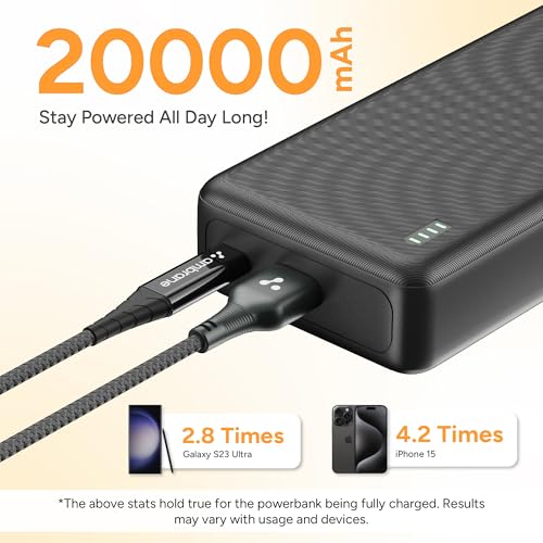Image of Ambrane 20000mAh Power Bank with 22.5W Fast Charging | 3 Output Ports | Type-C & USB Input | Compact Portable Charger for iPhone, Android Mobile Phone, Tablets, Earbuds, Speakers,smartwatch