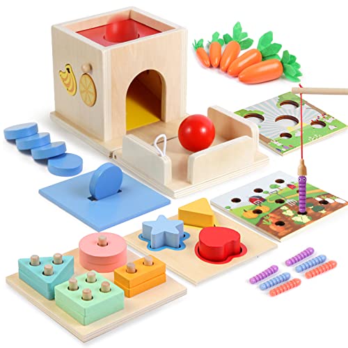 Image of Asweets 8 in 1 Montessori Toys Includes Object Permanence Box,Montessori Coin Box,Carrot Harvest Game,Matchstick Color Drop Game,Ball Drop Learning Toys