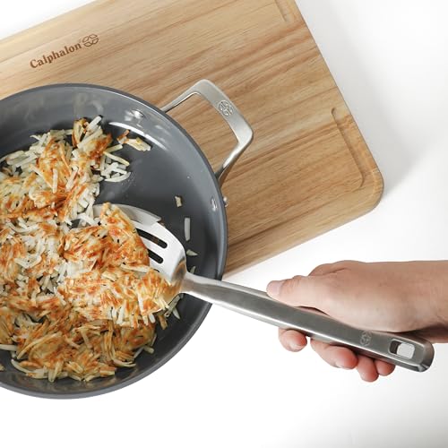 Image of Calphalon Prime Slotted Turner, Stainless Steel Wide Slotted Spatula with Silicone Rim for Nonstick Cookware, Heat Resistant Durable Kitchen Tool for Cooking, Flipping, Draining and Serving