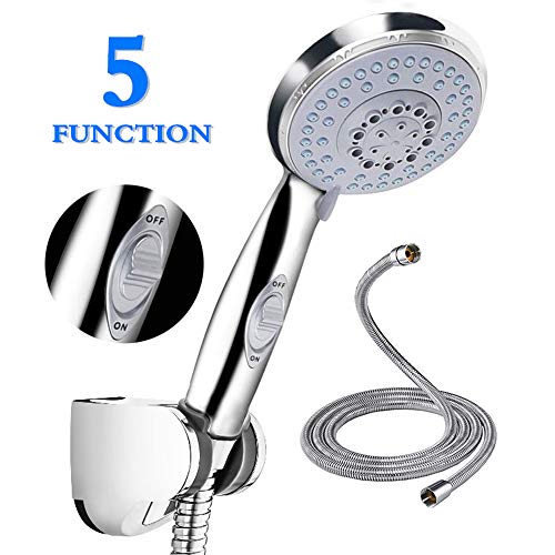 Alcachofa de ducha de mano con manguera de 2 m y soporte con interruptor de encendido/apagado en cromo para ahorro de agua con 5 modos de ducha