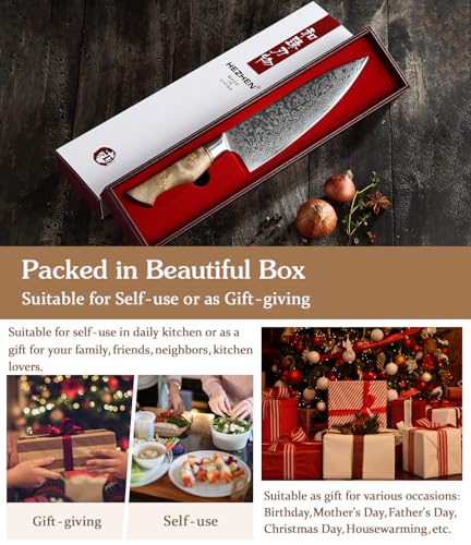 HEZHEN-8.3” Chef's Knife Professional Kitchen Knife, 67 Layers Damascus Steel Chef Knife, Japanese Style Stainless Steel Gyuto Knife,Figured Sycamore Wood Handle Cooking Tool - Image 6