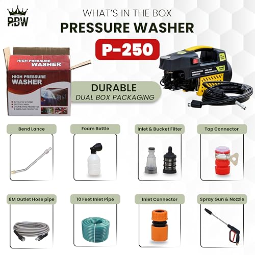 Image of RBW High Pressure Washer with Brass Coated Pump | 5 L /M Water Flow | 120-150 Bar Spray Gun with 26 Feet Hose Pipe for Home, Car, Wash Cleaning Purposes (P-250)