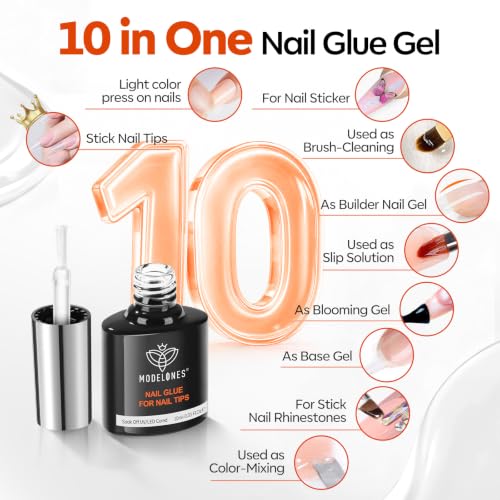 Image of modelones 10 in One Gel Nail Glue and Dehydrator & Primer Nourishing Prep Kit for Nail Tips, Acrylic & False Press On Nails, Strong Adhesive Bond for Long-lasting Nails Base Coat Supports Growth