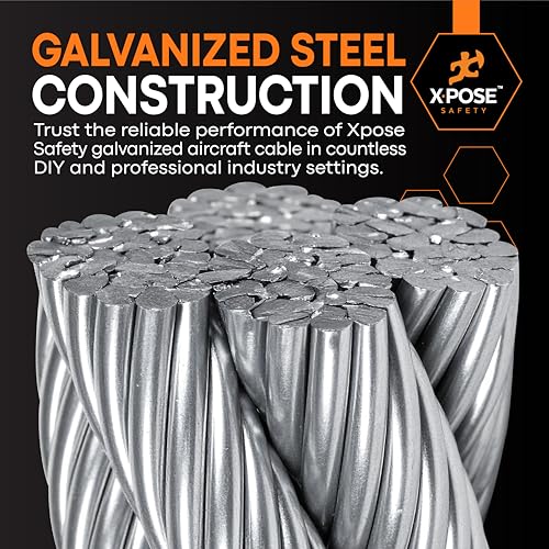 Image of Xpose Safety 3 /8 inch Galvanized Steel Aircraft Cable Wire - Pack of 48, 250 ft Reel, 7x19 Strand, 14,400 lb Break Strength - for Pulley System, Winch, Marine, Deck Railing, Fencing, Zipline