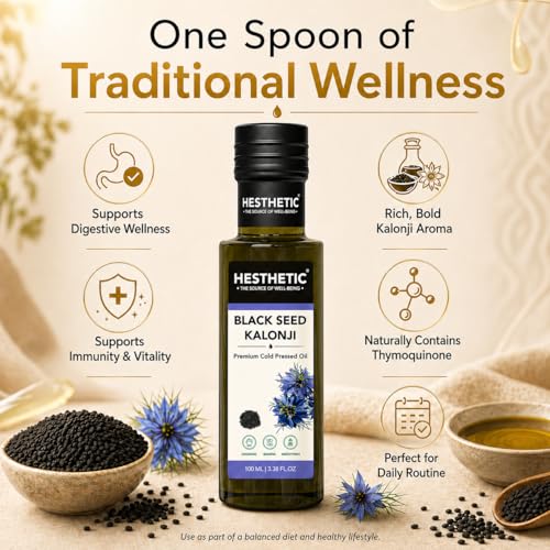 Image of HESTHETIC Cold Pressed Black Seed Oil 100ml | Pure Kalonji (Mangraila Tel) Edible Virgin Oil | High-Thymoquinone Food-Grade Nigella Sativa for Cooking, Salad & Daily Wellness | Glass Bottle