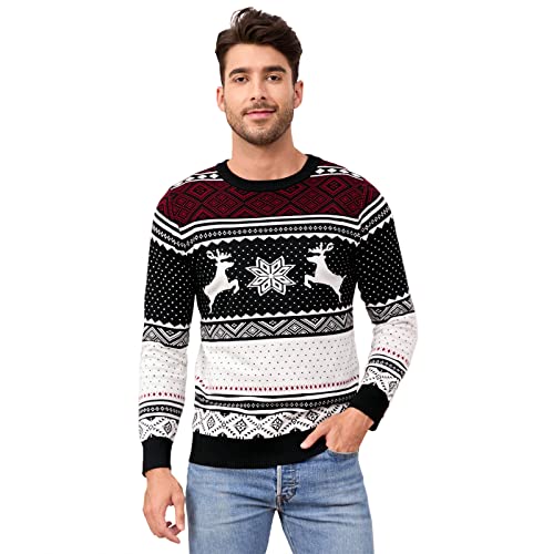 Image of MISSKY Family Christmas Sweater Crew Neck Reindeer Snowflakes Knitted Pullover for Women /Men /Kids