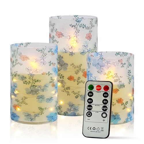 Image of Flickering Flameless Candles Vintage Blue Floral Print, Embedded Star String Lights, Battery Operated Acrylic LED Pillar Candles with 11-Key Remote and Timer for Home Decoration, 3 Pack