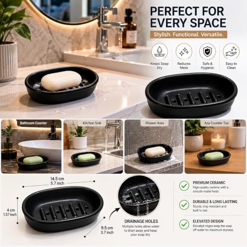 Image of Pure Source India Ceramic Soap Dish /Soap case Tray | Bath Accessories for Bathroom (13CM) (Black)