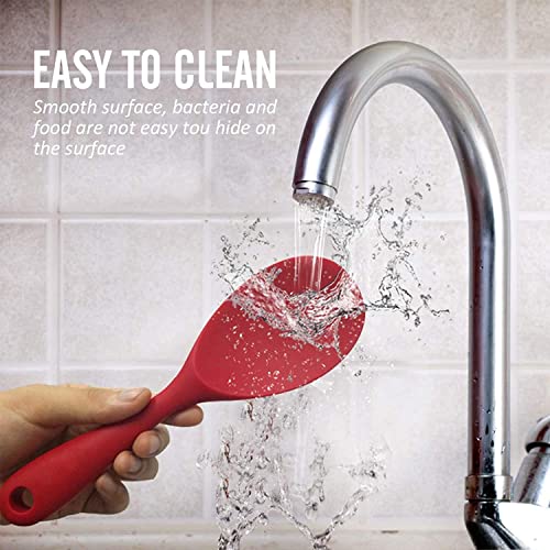 Image of Baskety Non-Stick Rice Spoon Silicone Ladle Soup Spoon with Handle for Dining Table 22.3 x 6.8 cm (Pure Red)