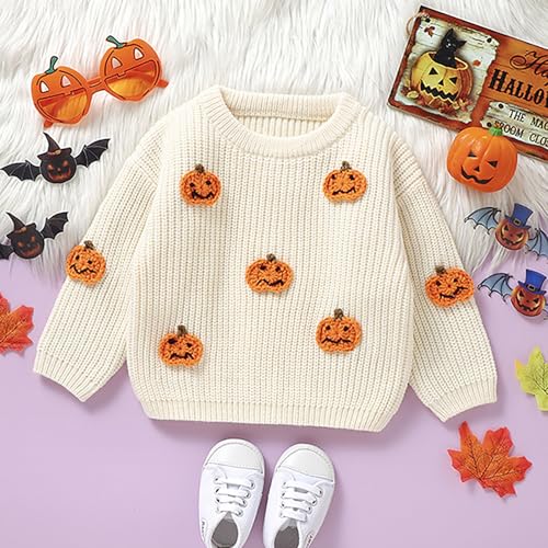 Toddler Kids Halloween Floral Sweater Cute Pumpkin Print Knitted Pullover Crew Neck Knitwear Outwear Fall Winter3