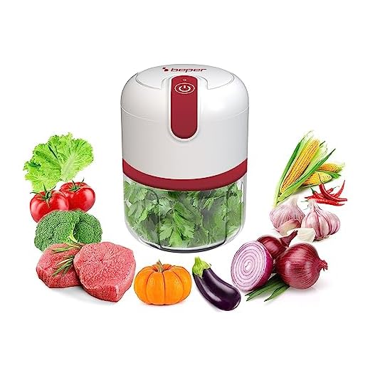 BEPER P102ROB050 Picadora recargable USB, Mini Robot de Cocina, Capacidad 250 ml, Potencia 3,7V,3 Cuchillas Acero Inoxidable, Batería recargable, Rojo/Blanco