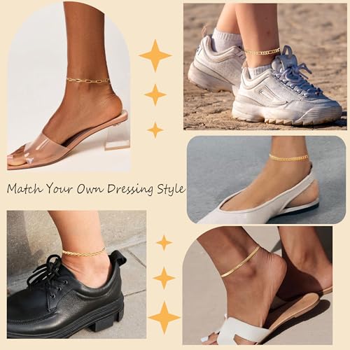 Image of Plus Size Gold Ankle Bracelets for Women Big Ankles, Adjustable Ankle 14K Real Gold Plated Cuban Link Chain Figaro Snake Herringbone Extra Large Anklet Bracelets,Summer Beach Foot Jewelry 10-12inch
