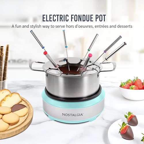 Image of Nostalgia 8-Cup Electric Fondue Pot Set for Cheese & Chocolate - 8 Color-Coded Forks, Temperature Control - Kitchen Gadgets and Appliances for Hors d'Oeuvres and More - Aqua