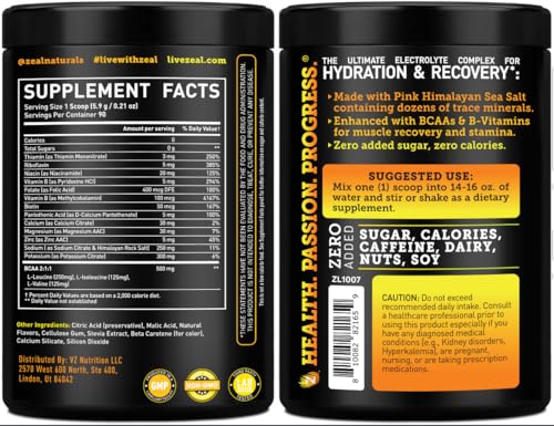 Image of Zeal Electrolyte Powder - 90 Servings | Keto Electrolytes Powder | Zero Sugar, BCAAs, B-Vitamins | Potassium, Zinc, Magnesium | Hydration Powder Recovery Drink | Orange Pineapple