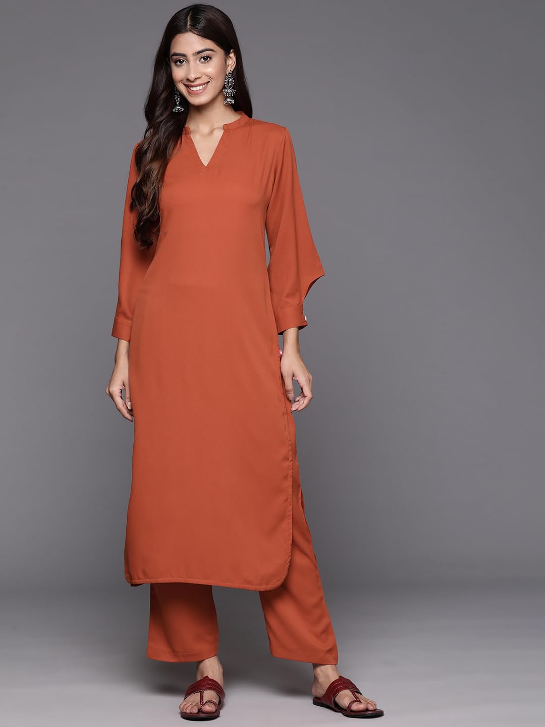 Varanga Women Rust Long Sleeves With Smart Cut Cuff, Straight Kurta Paired With Tonal Solid Bottom