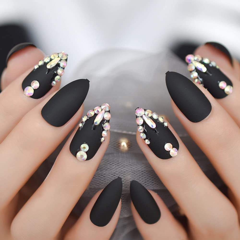 Amazon.com: CoolNail Diamond Almond Press on False Nails Black with 3D AB  Gems Design Medium Nail Tips Artificial Fake Finger Nail : Beauty &  Personal Care