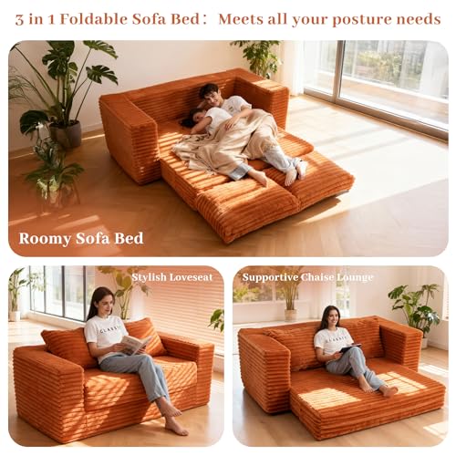 Image of HABUTWAY 62 inch Small Boneless Couch,3-in-1 Convertible Folding Sofa Bed, Corduroy Loveseat Sofa Bed w /2 Pillows for Living Room /Guest Room No Assembly Required, Brown